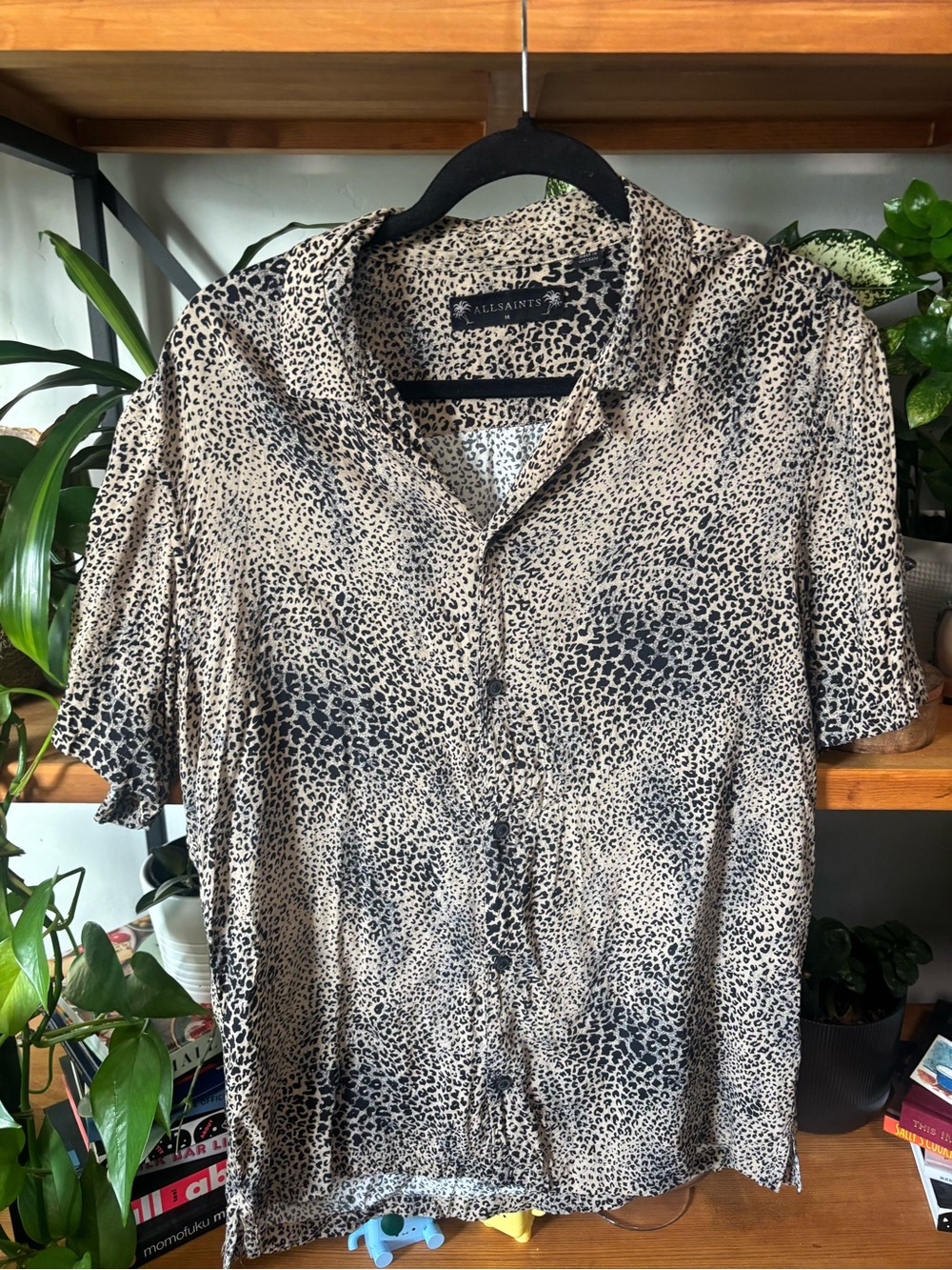 AllSaints Short Sleeve Leopard Print Button-Up Diffusion Shirt | Medium